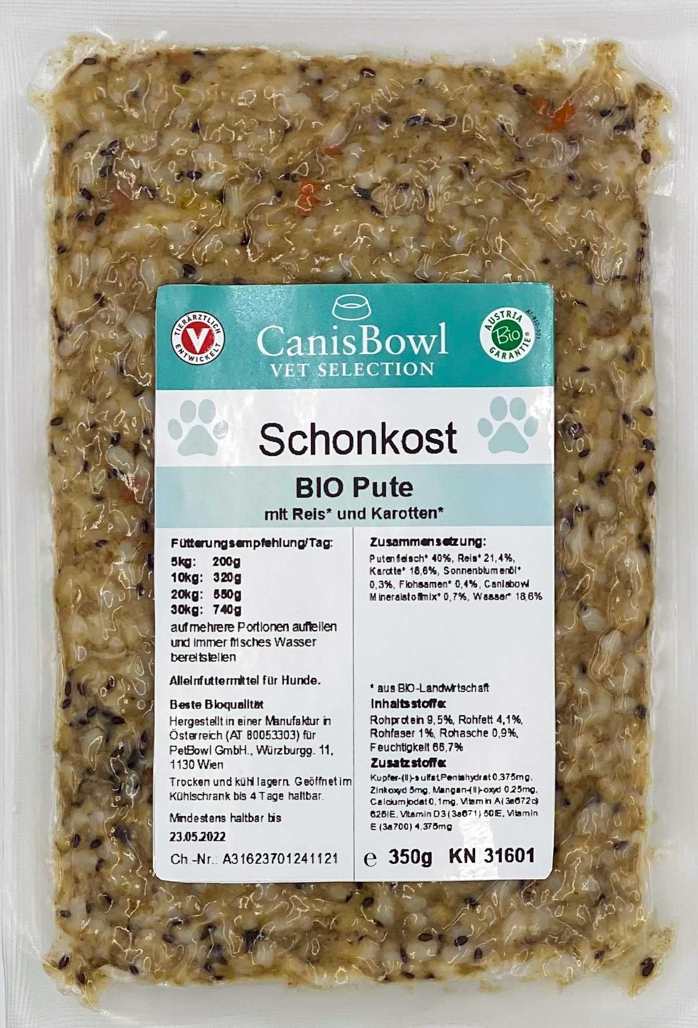 CanisBowl Schonkost  Bio Hundefutter Pute mit Reis u. Karotten 350g empf.VK 6,99 inkl. Mwst
